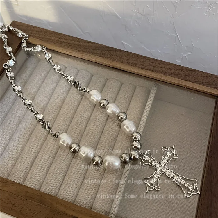 Korean Charm Moonstone Geometric Pearl Cross Pendant Necklace For Women Fashion Vintage Punk Necklace 90s Aesthetic Jewelry