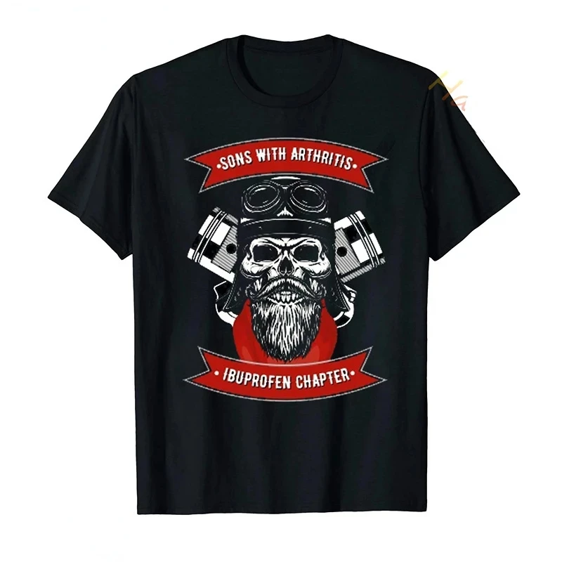 Sons with Arthritis Ibuprofen Chapter Funny Biker Skull T Shirt Black Vintage Mens Graphic Shirts Gothic Ropa Hombre Streetwear