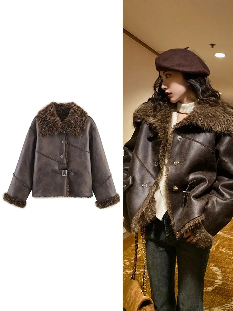 

TFMLN Women Loose Warm Faux Lamb Fur Jacket Female Retro Lapel Lamb Wool Sheepskin Spliced Thick Coat Chic Streetwear