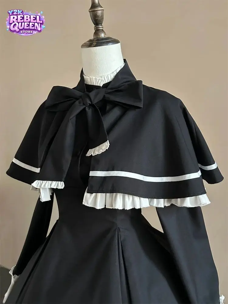 Gothic Vintage Lolita Dress Set Petite Women Bow Ruffle Trim Contrast Stripe Cape Slim Fit Midi Dress Elegant Party Outfit