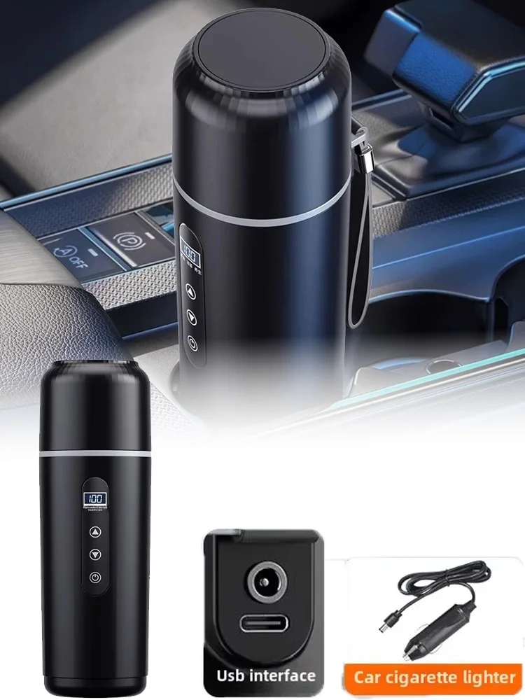 500ML Car Electric Heated Water Bottle 12V 24V Universal USB Powered Portable Insulated Thermos for Travel Office Home