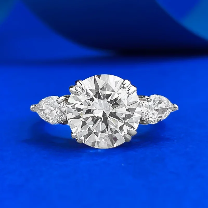 

SpringLady 100% S925 Silver Round White Diamond 10 Light Luxury Personalized Ring Ring Middle Fashion Commuter Style Jewelry