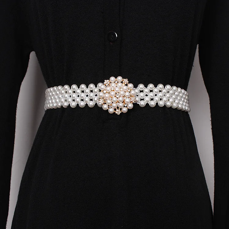 Luxury Fashion Elegant Lady Pearl Waist Belts  Elastic Pearl Chain Belt for Women Waist Decoritive Girls Dress Crystal Strap