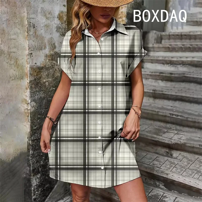 Vintage Striped Print Dress Big Size Women Summer Short Sleeve With Button Lapel Shirt Casual Dress Elegant Lady Dress Vestidos