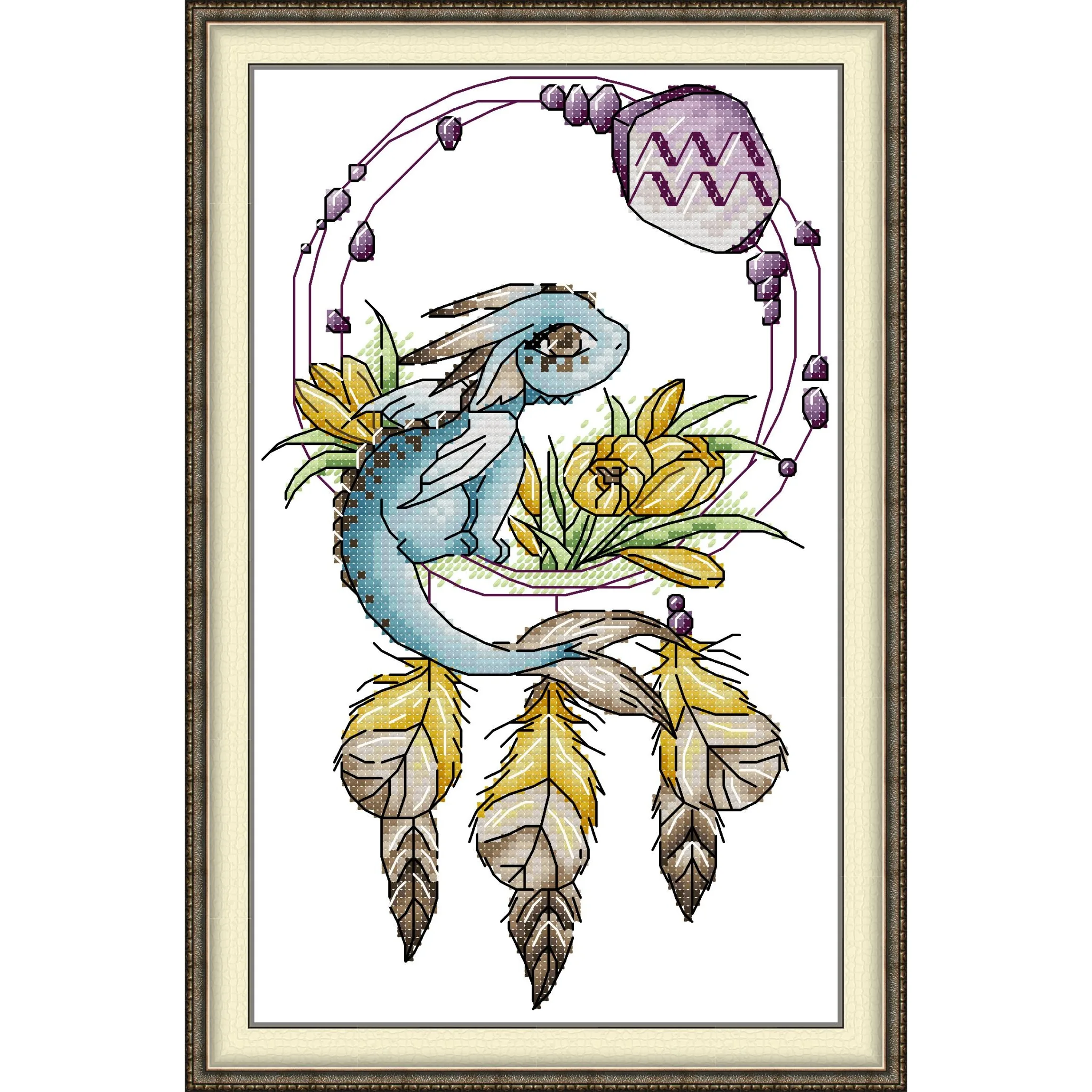 Pre-Printed Cross Stitch Kit, Stamped Aida Fabric With DMC Threads, Embroidery Kit, Easy To Follow - Dragon Aquarius