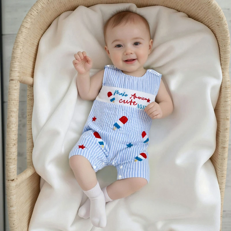 بدلة قفز مخططة للفتيات الصغيرات في الرابع من يوليو بدون أكمام ورقبة دائرية وطباعة مصاصة مع حروف مطرزة #4