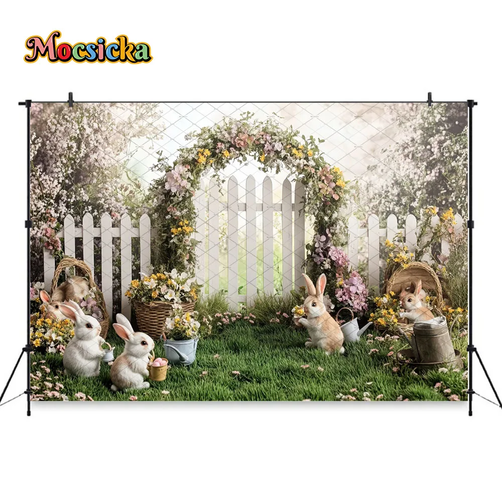 Mocsicka Easter Garden Photography Backdrop Bunny Egg Floral Fence Grass Decor Background Spring Kids Holiday Portrait Studio
