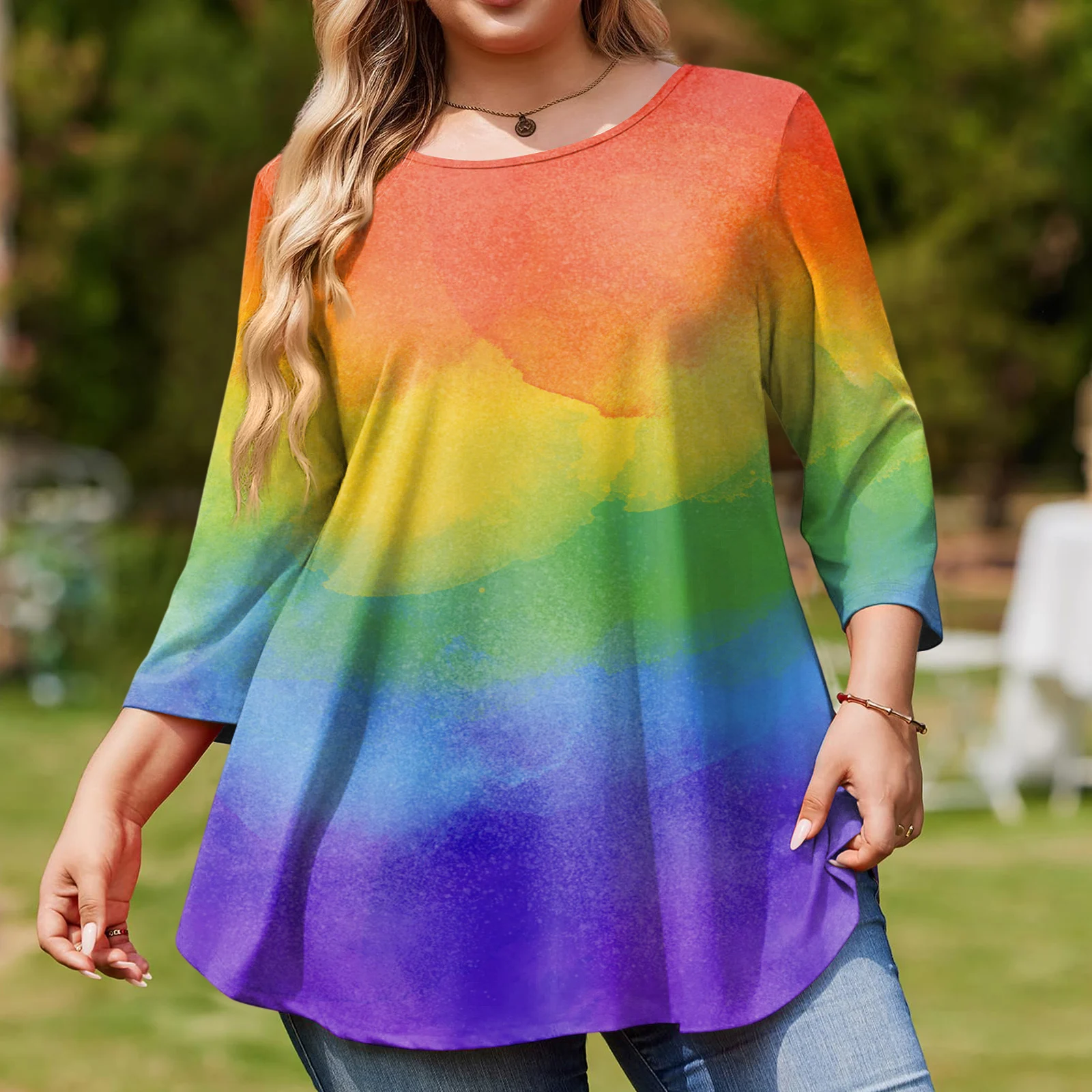 

Женские топы с рукавами 3/4, большие размеры, футболка с круглым вырезом и изогнутым подолом, модные футболки с градиентным принтом, женские весенние топы