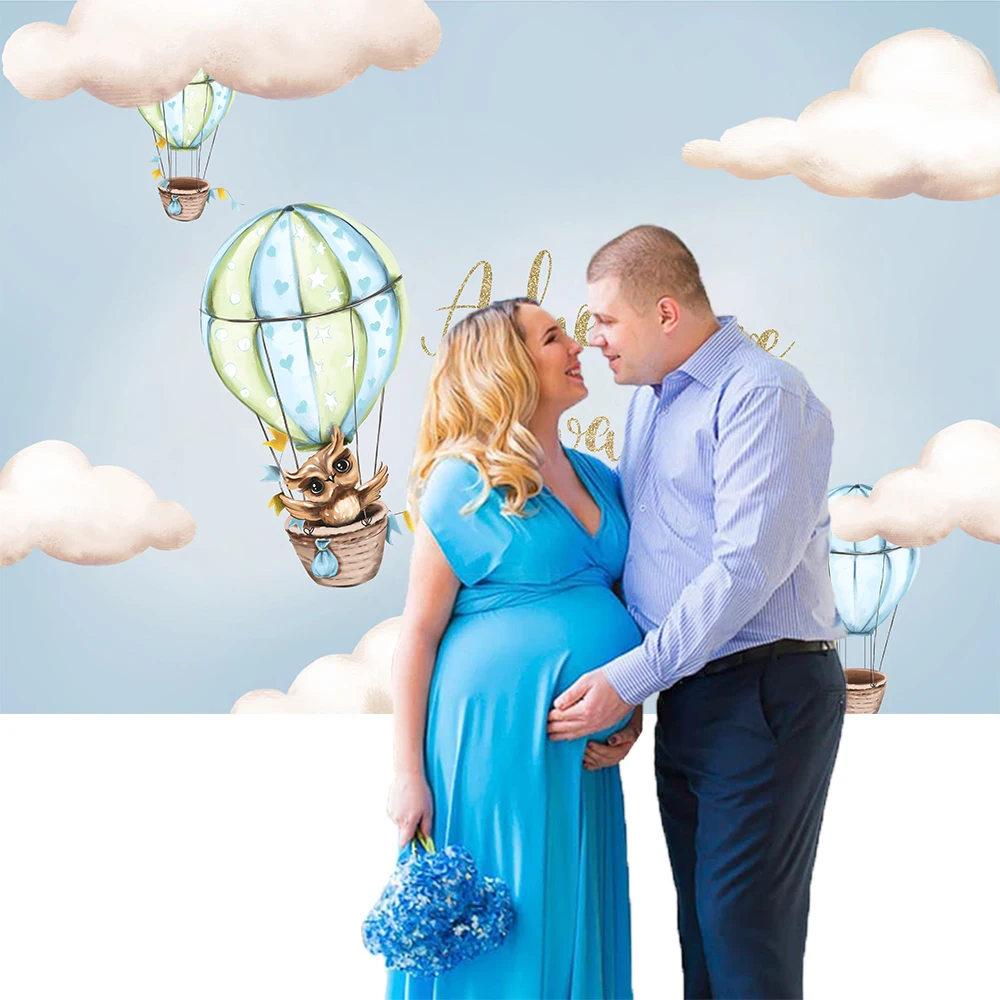 Aventura espera Baby Shower telón de fondo pájaro carpintero globo de aire caliente nubes Fondo fiesta de cumpleaños decoración W-7966