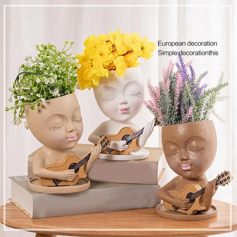 

Cute Face Flower Pot Head Planter Resin Face Vase With Drainage Hole Small Guitar Succulent Pot indoor outdoor desktop decor