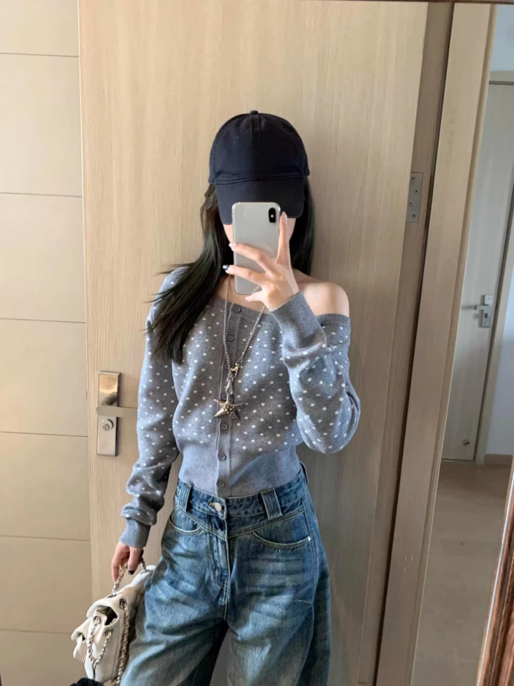 Y2k Aesthetic Skew Collar Polk - Crop Cardigan Vintage recension och pris