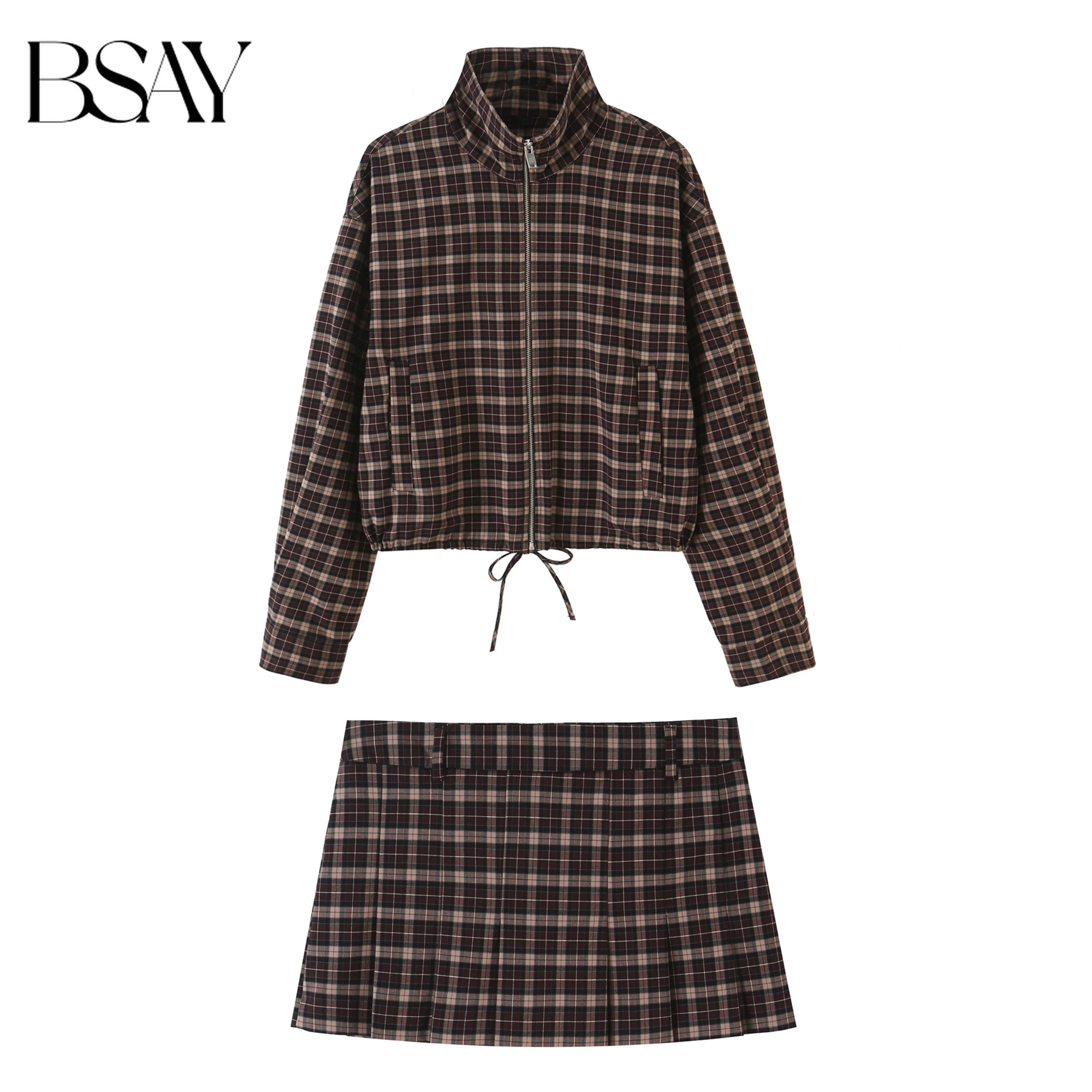 BSAY Preppy Style Women Checkered Two Piece Suit Stand Collar Zip Cropped Jacket & Wide Pleated Skort Autumn Fashion Co-ord Set