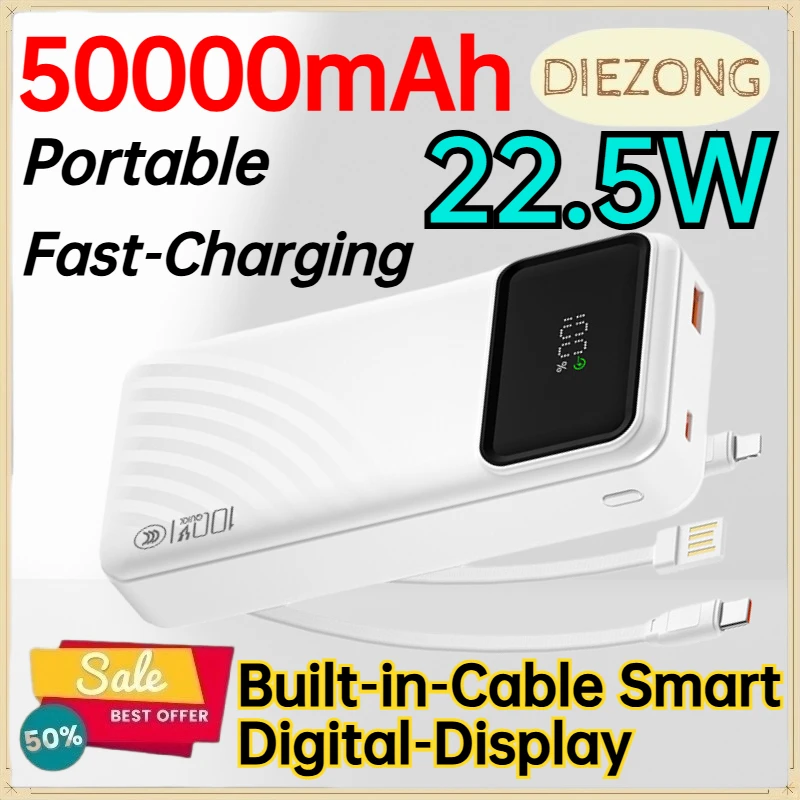 50000mAh 22.5W Portable Fast‑Charging Power Bank for IPhone Android Phone Built‑in‑Cable Smart Digital‑Display PowerBank
