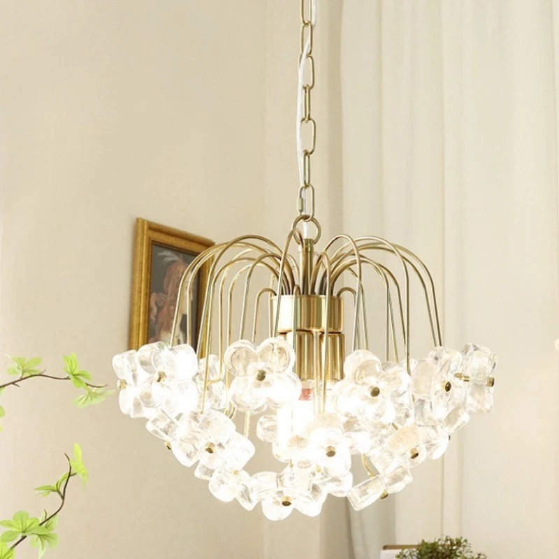 American Gold Wrought Iron Chandeliers Four-leaf Clover Glass Pendant Light Living Room Bedroom Restaurant Kitchen Hanging Lamps