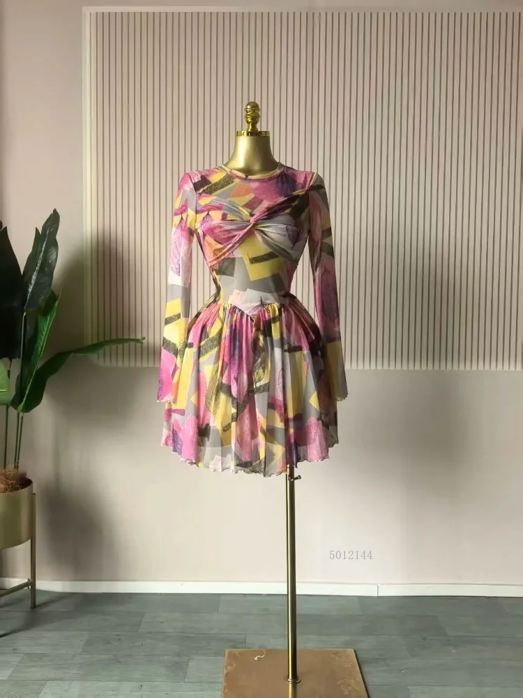 2026 Elegant Women Leaf Floral Print Draped O-neck Long Sleeve Big Swing Smock Dress Birthda Party Education Trendy Dresses