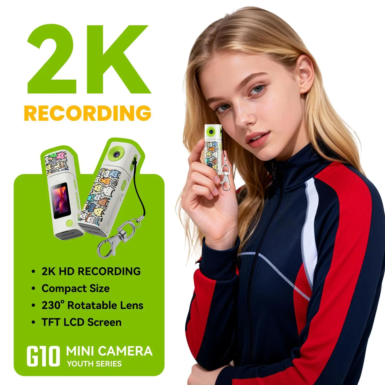 

G10 2K Thumb Camera Portable Keychain Camera TFT LCD Screen Rotatable Lens Action Camera for Outdoor Sport Travel Vlog Recording