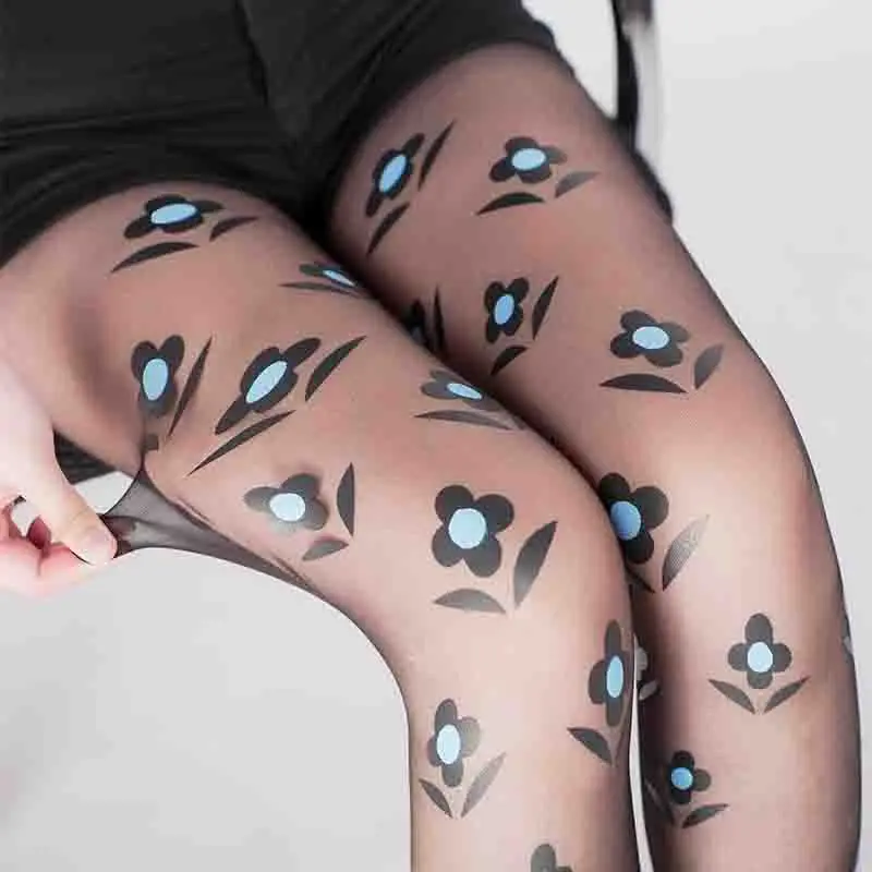 Simple Line-Drawing Small Flower Print Ladies Pantyhose Black Thin Hottie Lolita Playful Style Tights