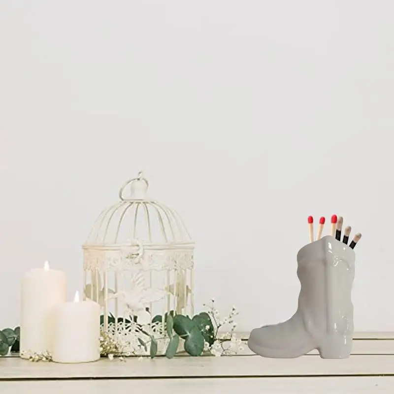 Creative Ceramic Match Holder Cowboy Boot Match Box With Igniter Boho Home Decor Cute Match Jar Candle Fireplace Kitchen Decor