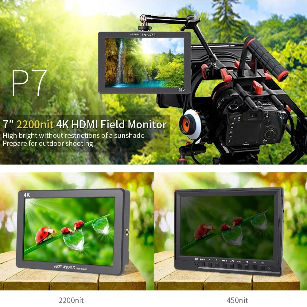 FEELWORLD P7 7 inch 2200nit Ultra Bright Camera Field Monitor Aluminum Housing 4K HDMI DSLR Monitor 1920x1200 IPS LCD for Camera