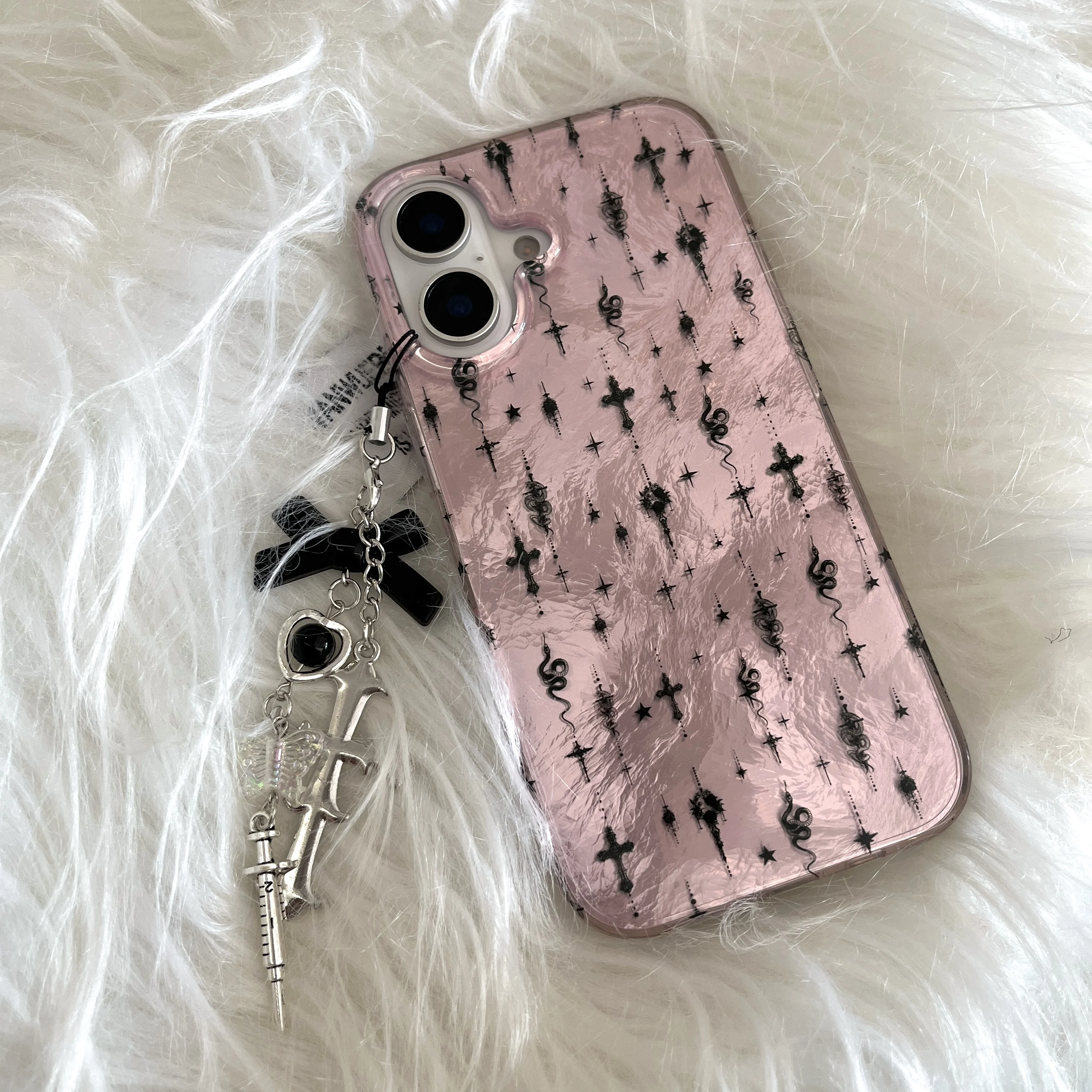 Kreative Wellen-Textur Rosa Schwarz Schlangen- & Kreuz-Muster Handyhülle für iPhone 17 16 15 14 13 Pro Max Rückseiten-Handycover Capa