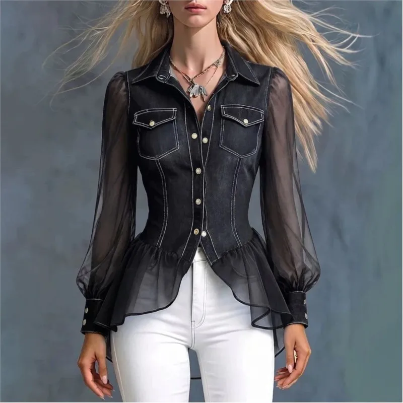 New Womens Blouses Spring Fall Casual Loose Imitation Denim Patchwork Top Lapel Long Sleeves Blue Shirt For Women Office Clothes view 4