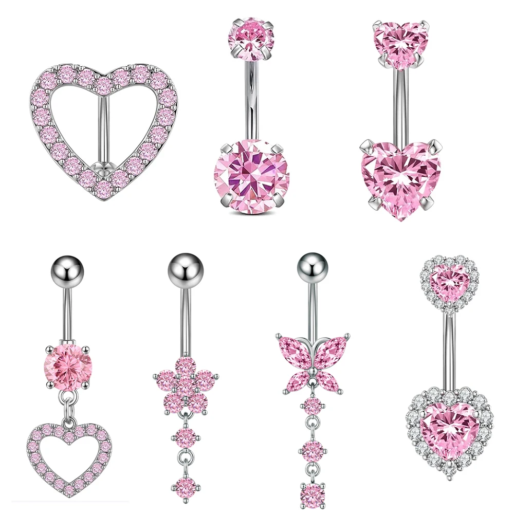 14G Stainless Steel Heart Dangled Belly Button Rings Belly Piercing Nombril for Women Girls Pink Zircon Crystal Sexy Navel Ring