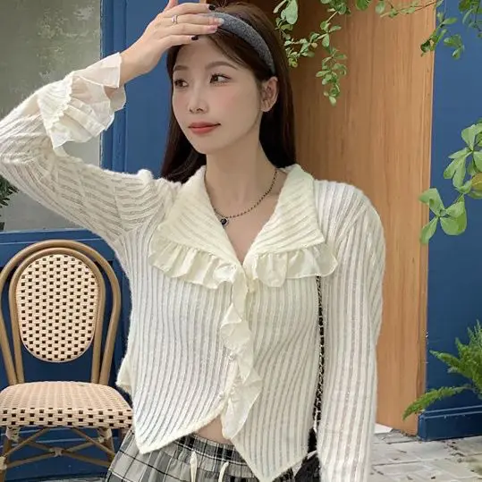 Lace Ruffled Striped Shirt Feminine Shirt Top Stylish and Flesh-covering images - 6