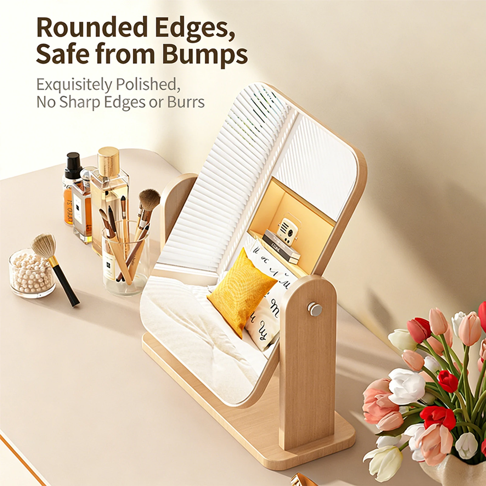 Minimalist makeup mirror with natural wood texture, high-definition mirror surface, rotating design, and pure manual polishing