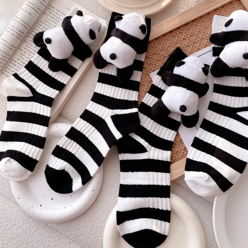 Socks with dolls, sweet and cute, three-dimensional panda mid-tube socks, women's stripes, personality, versatile and trendy