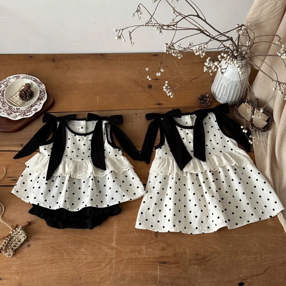 2026 Summer New Girls Sleeveless Clothes Set Cotton Baby Girl Polka Dot Bow Sweet Lace Tops + Shorts 2pcs Suit Toddler Outfits
