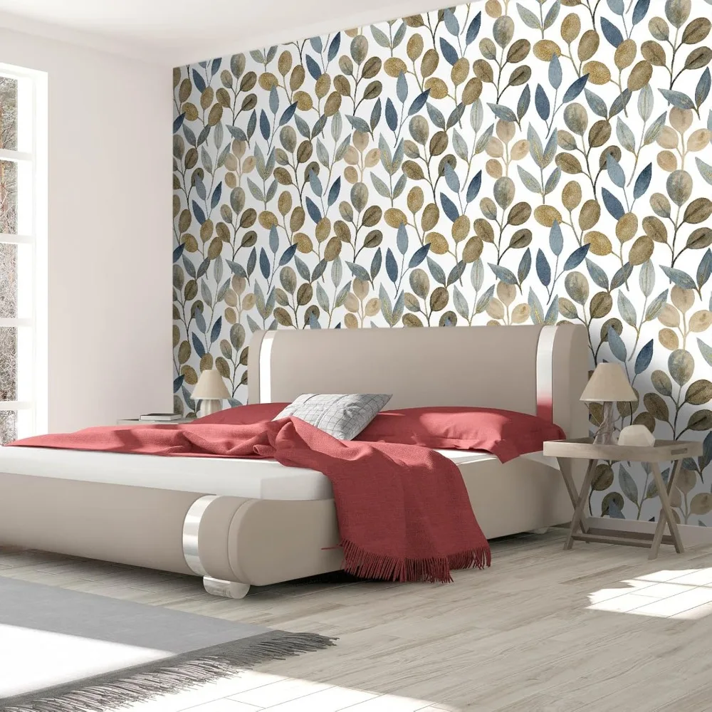 モダンな植物柄金箔ピールアンドスティック壁紙 防水リムーバブルビニールフローラルデザイン 自己粘着壁装材