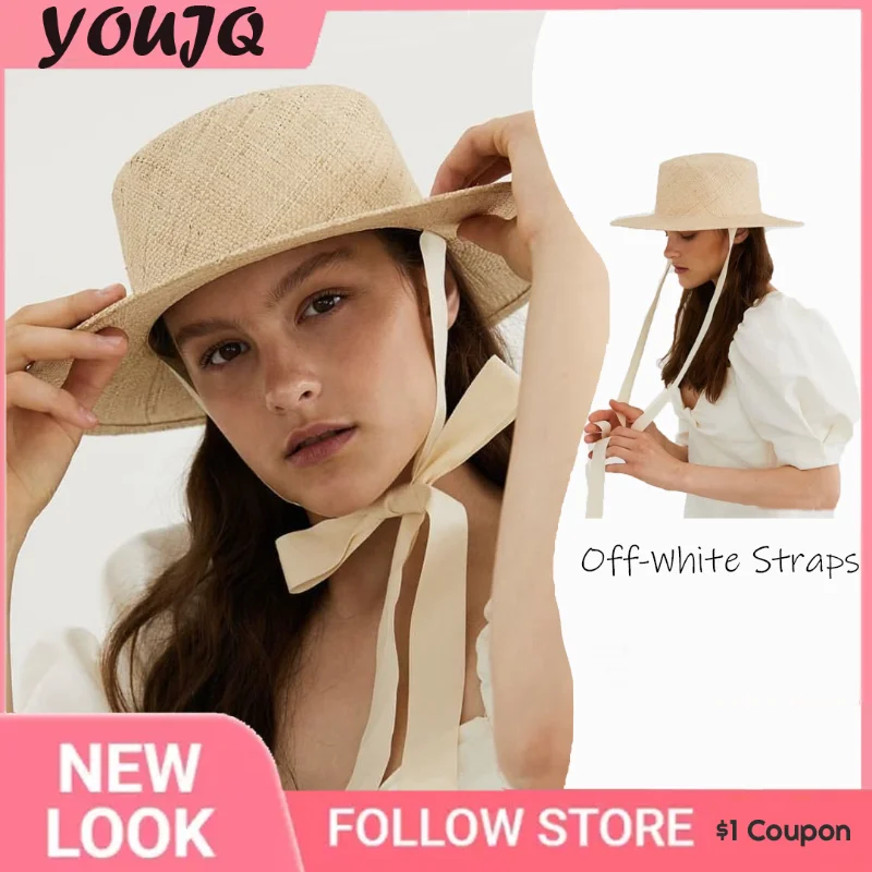 

Spring and Summer Strap Straw Hat High Quality Casual Shade Beach Photo Straw Hat Women's Flat Top Big Brim Straw Top Hat