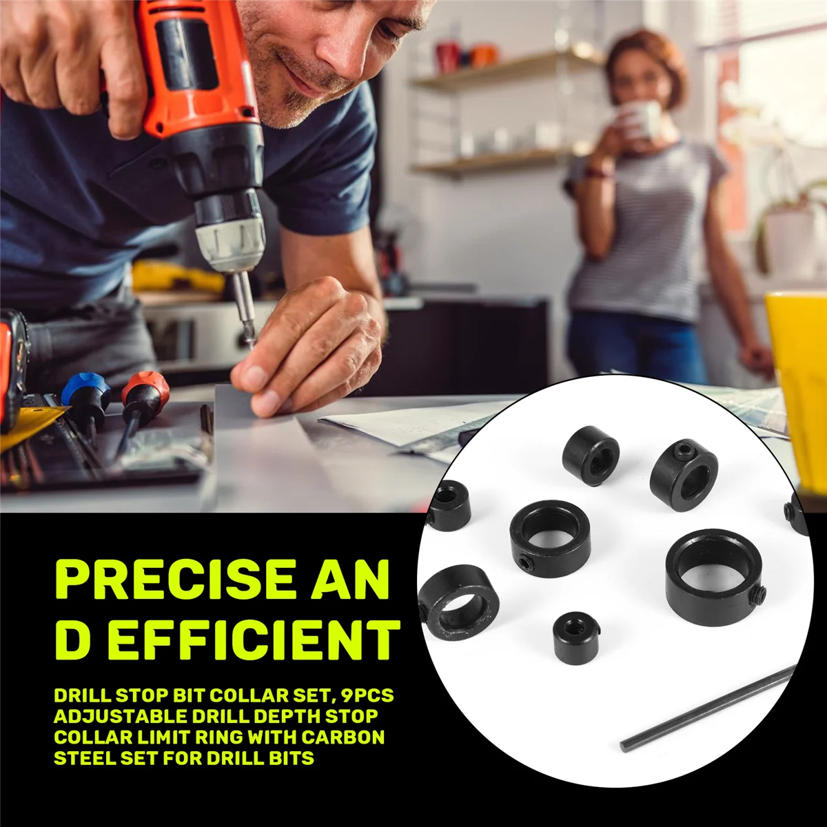 Set collare per punta da trapano, anello limite collare di arresto profondità trapano regolabile da 9 pezzi con set in acciaio al carbonio per punte da trapano ZJY