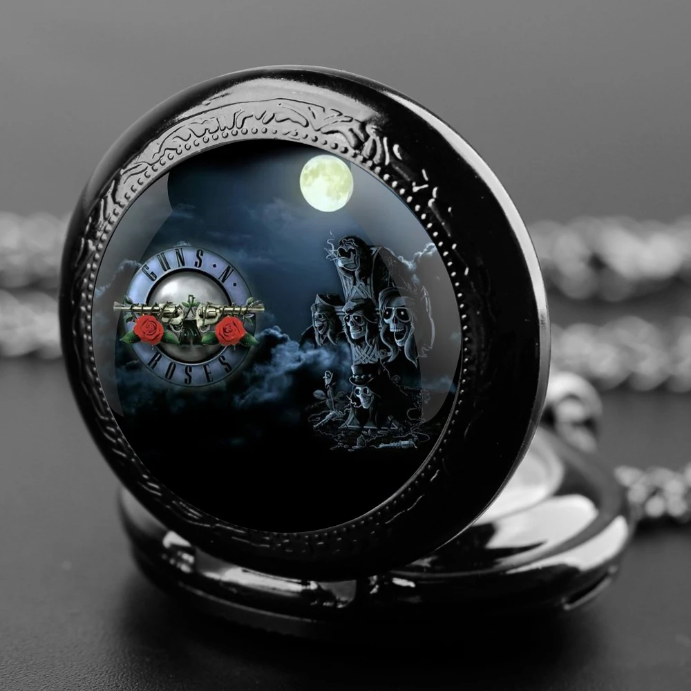 Classic Guns N Roses Bullet Logo Vintage Quartz Pocket Watch Men Women Pendant Necklace Chain Charm Clock Watch Jewelry Gifts