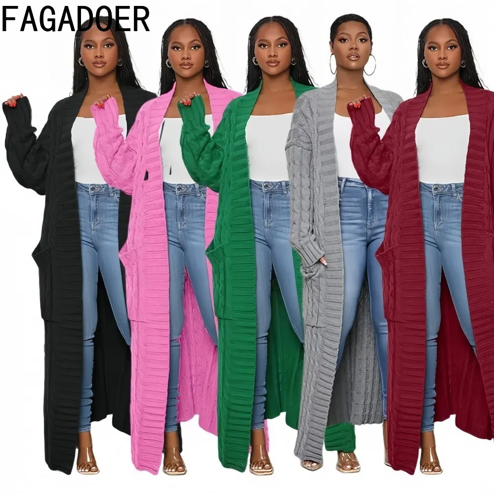 FAGADOER Autumn New Casual Women Solid Color Long Ladies V-Neck Pockets Patchwork Top Knitt Coat Sweater Twist Knitted Cardigan