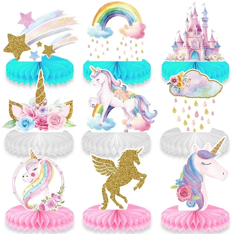 

New Set of 9 Unicorn Birthday Party Decorations Kids Party Supplies Honeycomb Decoration Cake Decoration Background