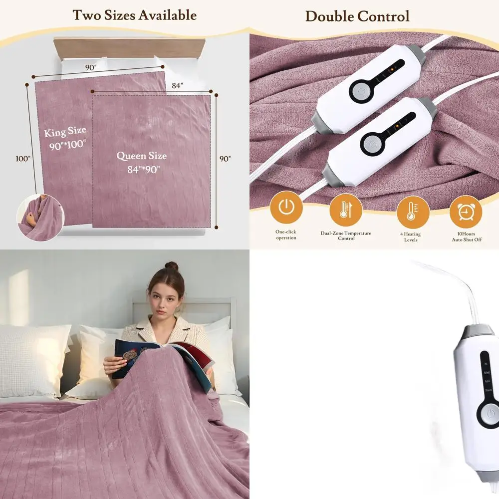 

Queen Size Electric Blanket 84x90 with 4 Heat Levels, Dual Controls, Auto-Off, Overheat Protection, Soft Coral Fleece, Dark Pink