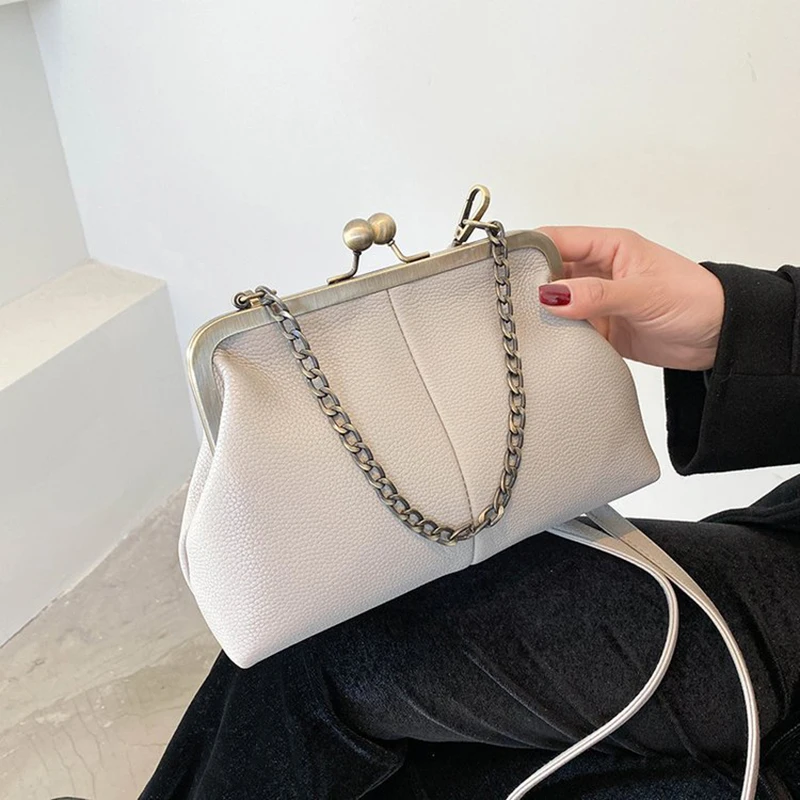 Vintage Soft Skin Shell Tasche Neue Lychee Muster Handtasche Einfache und vielseitige Umhängetasche Clip Kette Umhängetasche Damen Tasche – Detail 19