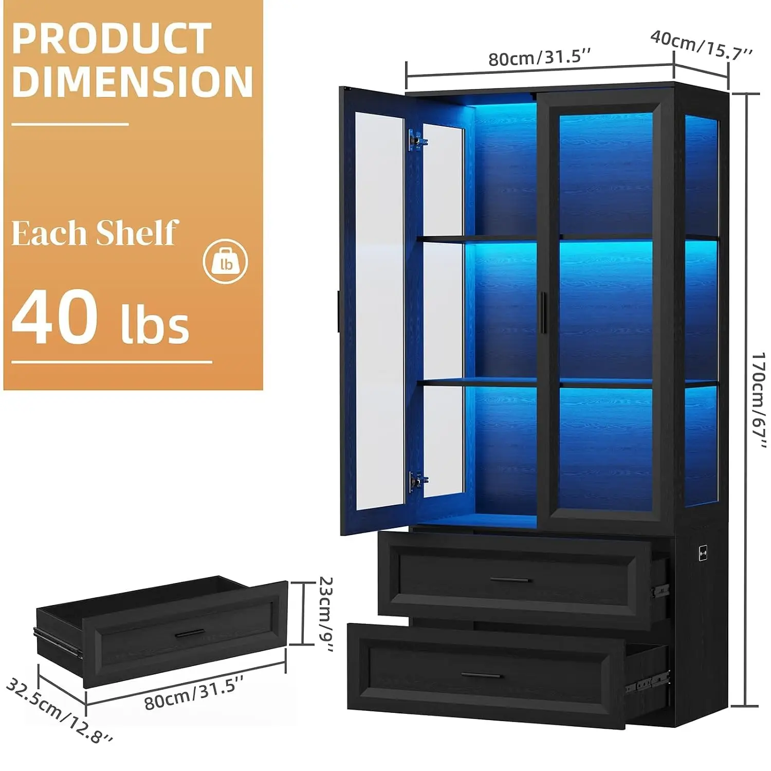 Display Cabinet LED Light Acrylic Door 2 Drawer 67in Bookcase Collectible Sensor Home Office Living Room Black, Customized