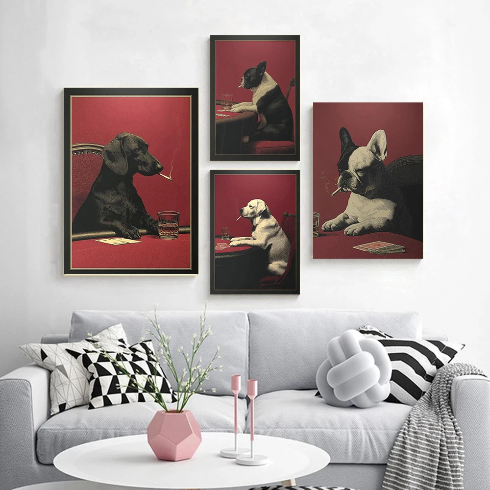 Funny Dog Smoking Sausage Dog Whiskey Poster Retro Poker Casino Prints Canvas Painting Wall Art Pictures Home Living Room Decor