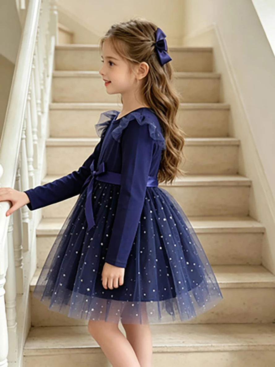 Navy Rhinestone Tulle Tutu Dress for Girls, A-line Waisted Princess Style Dress for Spring and Autumn