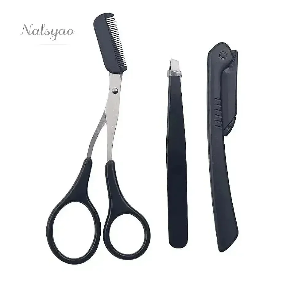 Three Piece Stainless Steel Eyebrow Clip Comb Scissors Trimmer Set Precision Grooming