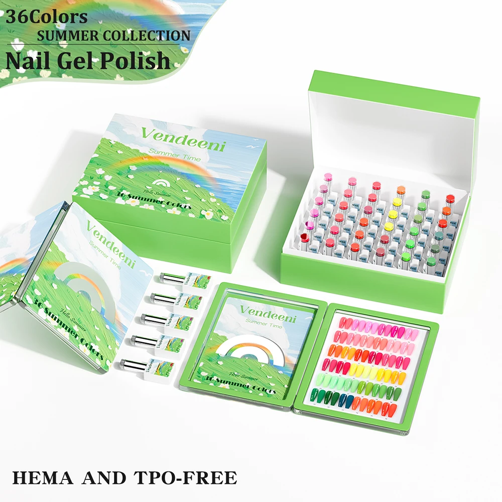 

Vendeeni 36 Colors/set Red Green Summer Pure Color Gel Nail Polish UV LED Crystal Nail Varnish With Color Card TPO/HEMA FREE