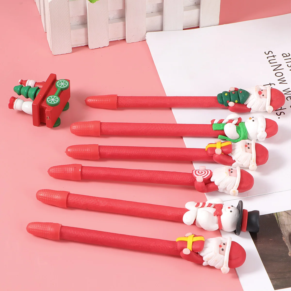 

6 Pcs The Gift Christmas Theme Ballpoint Pens Students Stationery Lovely Cartoon Polymer Clay School Supplies Office