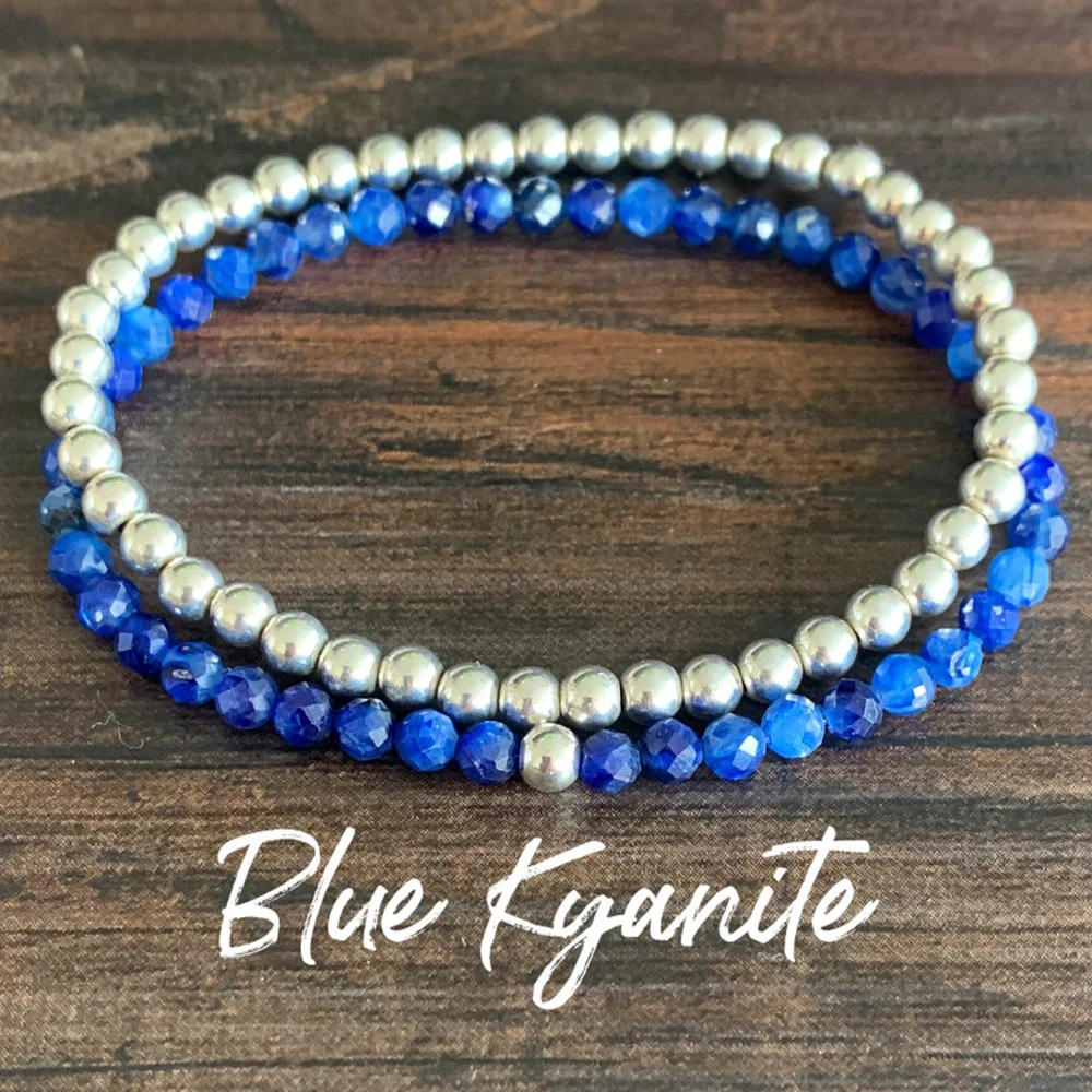 MG1420 Faceted Blue Kyanite Mini Mala Gemstone Bracelet 4mm Crystal Heart Chakra Balance Bracelet Hematite Energy Jewelry Set