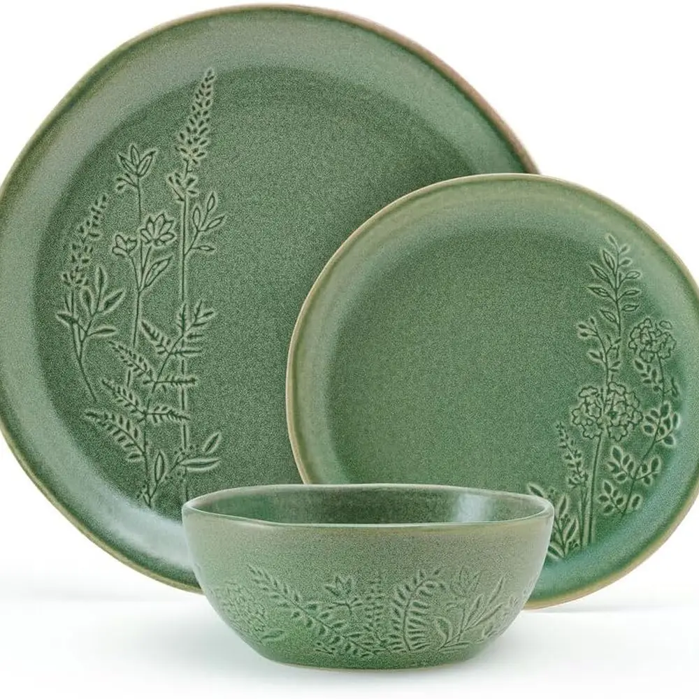 Green 12-Piece Dinnerware Set for 4, Carrie Collection