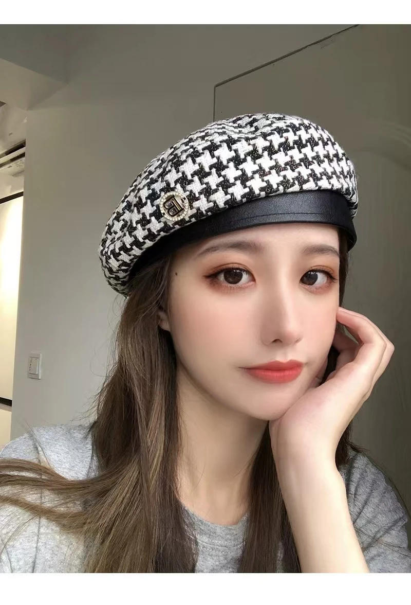 Little Fragrant Style Plaid All-match Autumn B Letter British Style Painter Hat Women Berets Houndstooth Korean Style Hat