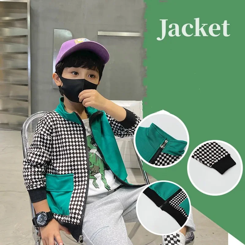 Casual Spring Fall Baby and Boys Contrast Plaid Full Zip Sweat Jackets School Kids Track Coats Child Outfit Workout Tops 2-12Yrs