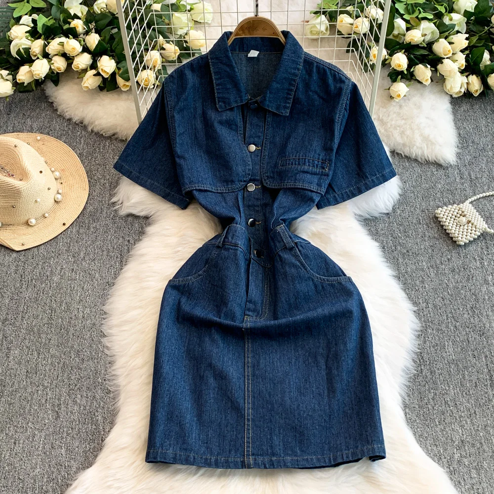 

Designer Summer Dress Vestidos New Single-breasted Waist Slimming Lapel Denim Dresses For Woman Girl