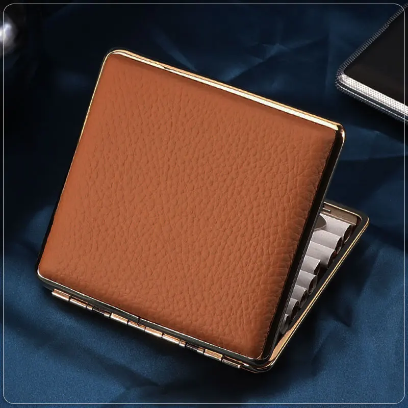 Soft Cowhide Metal Cigarette Box Large Capacity of 20 Cigarettes, Luxurious PU Genuine Leather Cigarette Case New Creative Gift